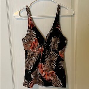 Lascana Black and Orange Leaf Print Swim Tankini